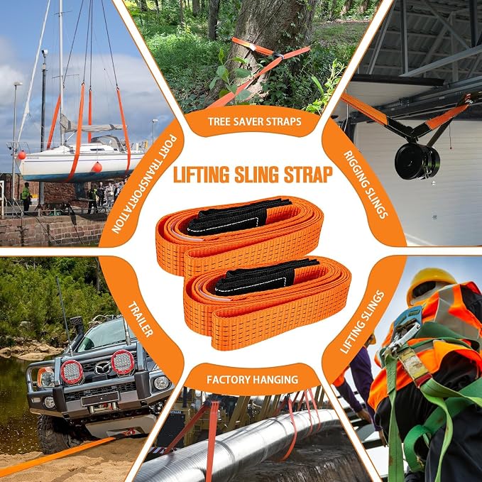 2 Pcs 2" x 10FT Heavy Duty Nylon Lifting Slings and Straps | 15000lb Capacity Flat Eye Rigging Strap for Hoist, Towing, Moving, Tree Saver Recovery and Winch