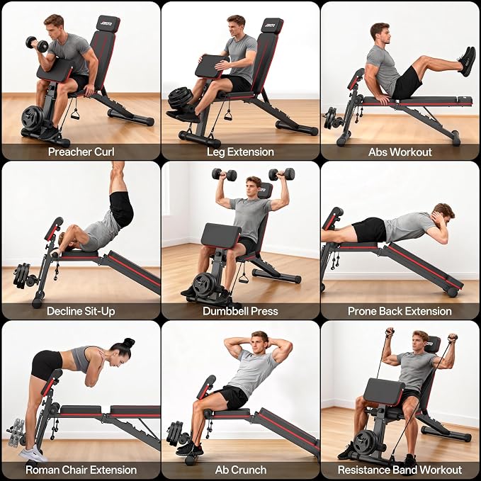 JOROTO Adjustable Weight Bench for Home Gym, 1000 LBS Capacity, Foldable Incline Decline Flat Workout Bench with Leg Extension & Back Extension, Exercise Preacher Curl Bench for Full Body Training