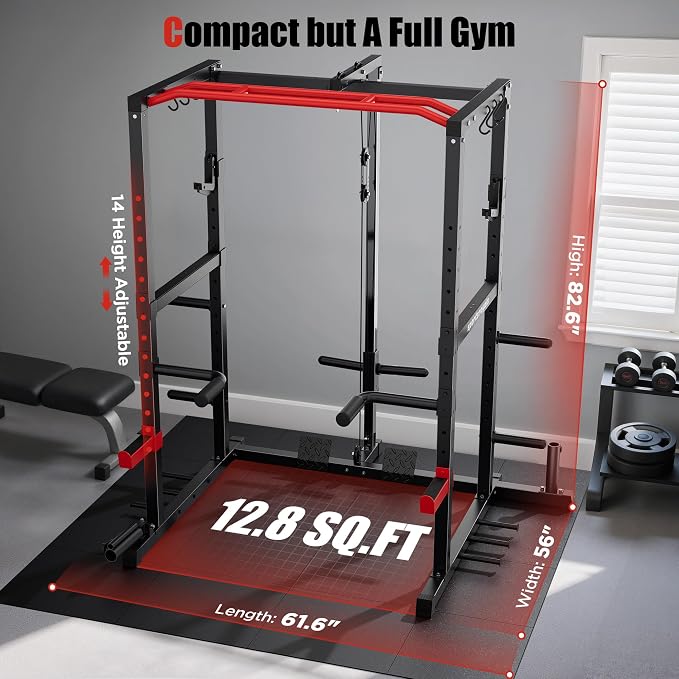 SPORTSROYALS Power Rack, Multi-Functional Power Cage, Squat Rack with Pulley System & LAT Pull Down, Workout Cage with J Hooks for Home Gym
