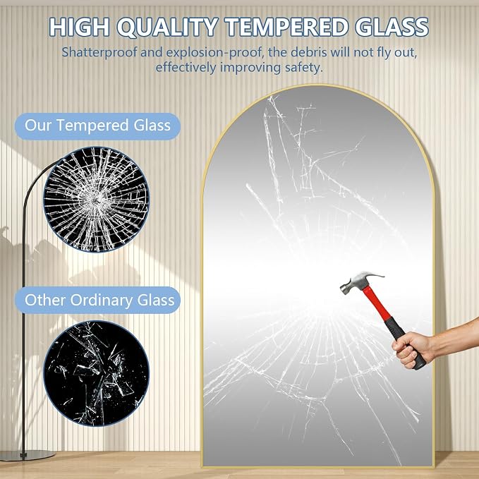 MirrMuse Oversized Arched Full Length Mirror with Stand, 76"X44", Gold | Tempered Glass, Free Standing, for Bedroom Living Room Clothing Store Gym, Aluminum Alloy Frame, Hanging or Leaning