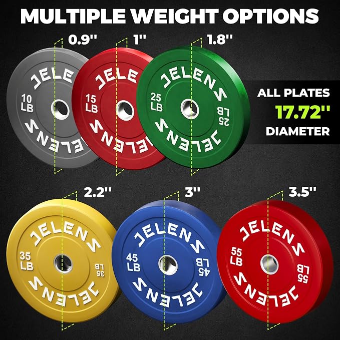 JELENS Olympic Barbell Weight Plates Set, 2-Inch Black/Colored Rubber Bumper Plate Weight Set for Strength Training and Weightlifting, Multiple Options