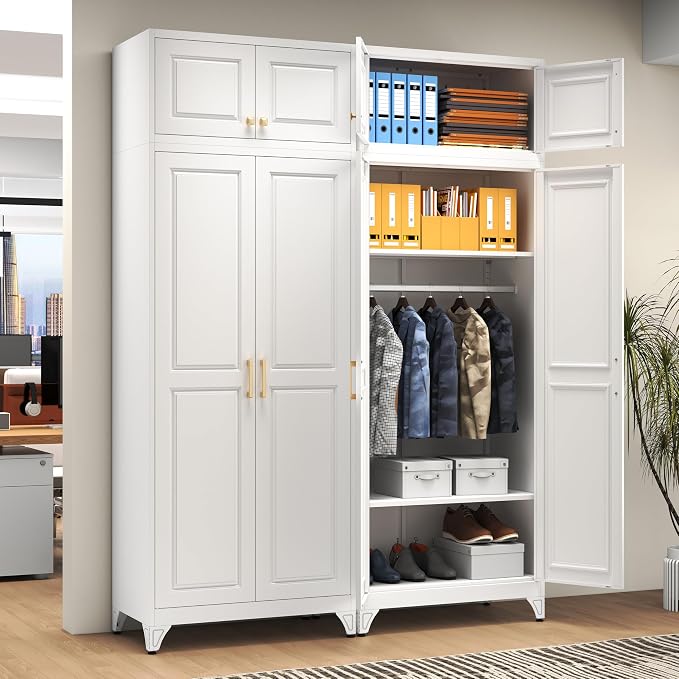 Polup 15" High White Metal Wall Cabinet, Overhead Closet Storage Unit | Modular Steel Top Extension for 71" Armoire Wardrobe, 2 Doors, 180lbs Capacity Single Space, Mounting Hardware for Bedroom