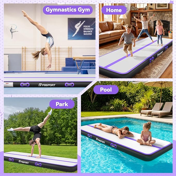 FBSPORT 6.6ft/10ft/13ft/16ft/20ft Inflatable Air Gymnastics Training Mat | 4/6/8 inches Thickness Inflatable Mat, with Electric Pump, Suitable for Home Training/Cheerleading/Yoga/Water