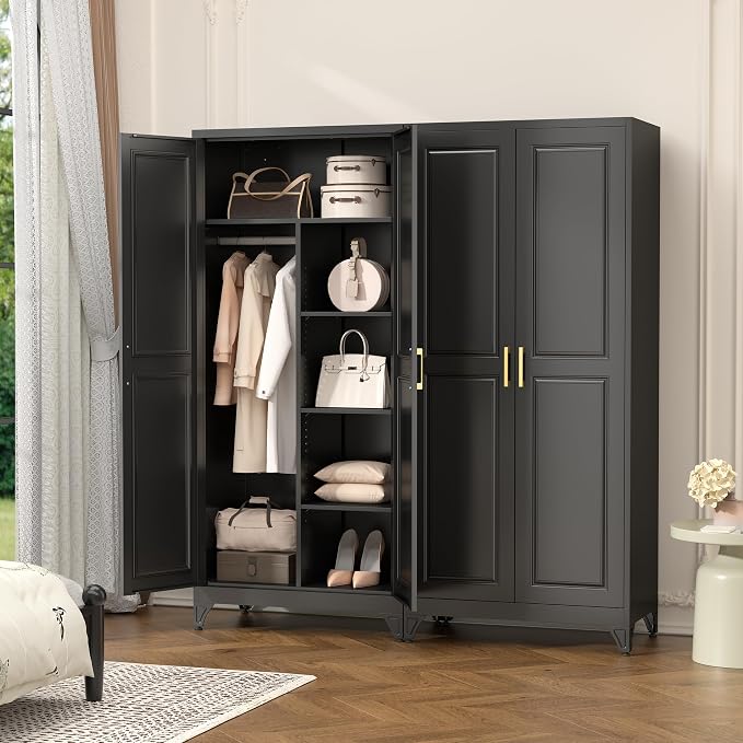 Polup Metal Armoire Wardrobe Closet, 71" Tall Wardrobe Cabinet with 2 Doors | Heavy Duty Steel Clothing Storage Cabinet with Hanging Rod & 3 Adjustable Shelves for Bedroom, Office, Broom Closet, Black