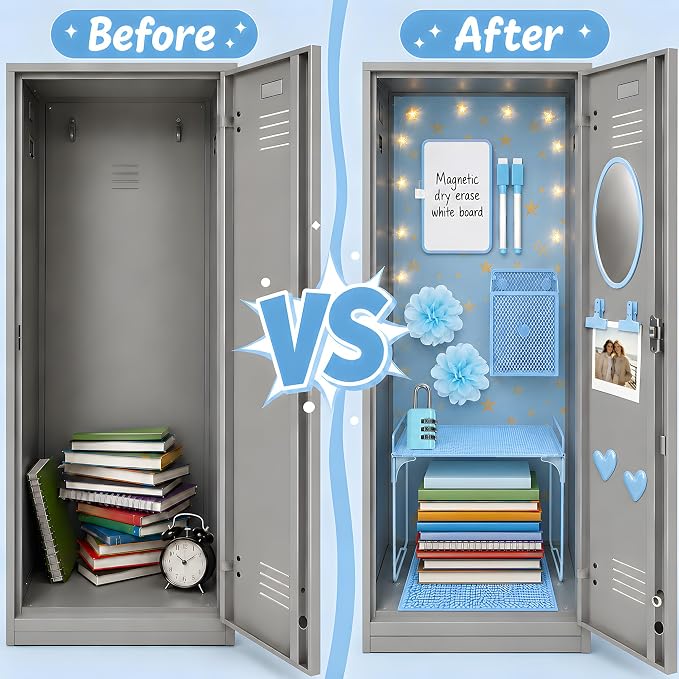 16 PCS Locker Accessories for Girls Magnetic Locker Decoration Kit with Shelf Mirror Whiteboard Pen Holder Rug Wallpaper Lights Lockers Organizer Set for School Dorm Room Office Gym (Blue)