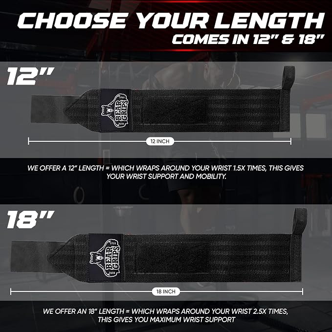 Bear Grips Wrist Wraps for Weightlifting | Weight Lifting Wrist Straps for Weightlifting | Extra Strength Gym Wrist Wraps | Two Wrist Wrap Per Pack | 12ā & 18ā | Lifting Wrist Wraps for Men & Women