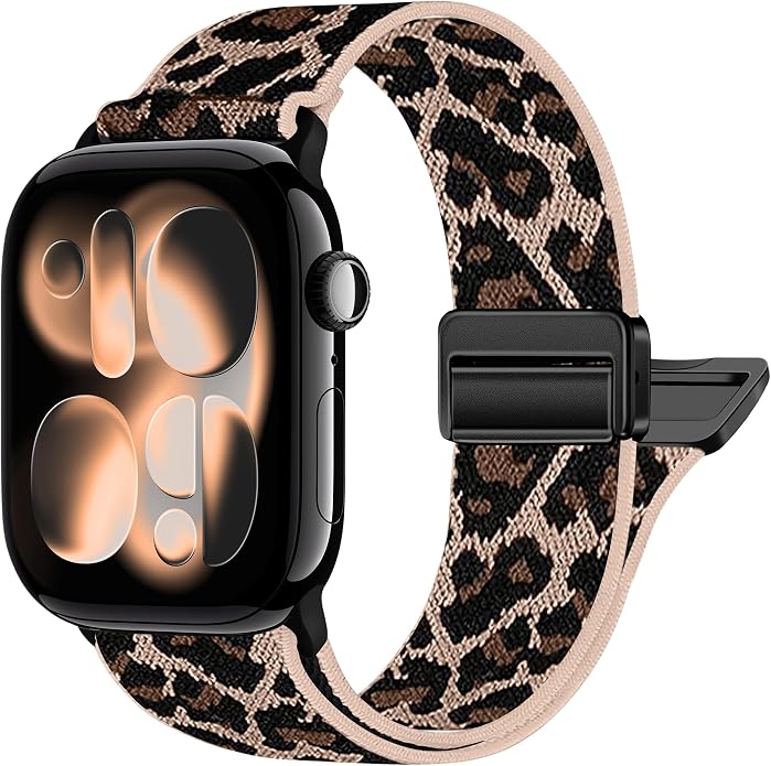 Leopard Braided Magnetic Nylon Watch Bands Compatible with Apple Watch Bands 40mm 41mm 42mm 44mm 45mm 46mm 49mm 38mm Women Men, Elastic Sport Strap for iWatch Series 11 10 9 8 7 6 5 4 SE Ultra 3 2 1