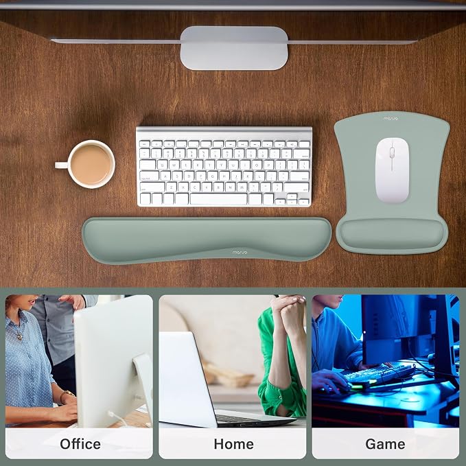 MOSISO Wrist Rest Support for Mouse Pad & Keyboard Set, Ergonomic Mousepad Non-Slip Base Home/Office Pain Relief & Easy Typing Cushion with Neoprene Cloth & Raised Memory Foam, Antique Green