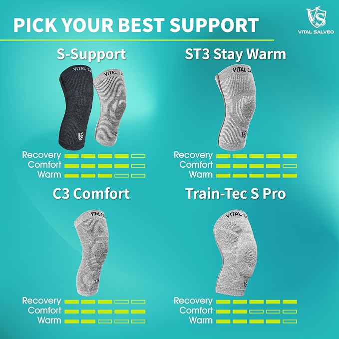 Vital Salveo Knee Compression Sleeve Swelling Recovery Knee Brace S-Support Pain Relief for Men and Women Unisex for Running Basketball Gym Workout Sports Dark Grey (1PC) S