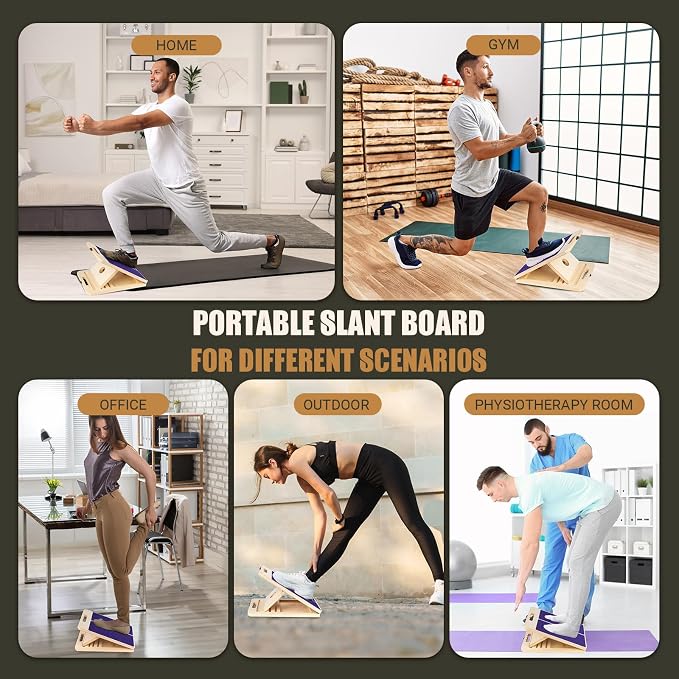 Wooden Slant Board for Calf Stretching, Portable Adjustable Calf Stretch Board with Training Poster & Resistance Bands, 300lb Weight Capacity Calf Ankle Achilles Physical Therapy Leg Exercisers