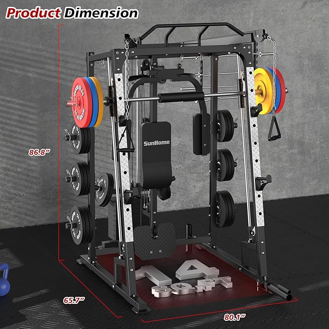 SunHome Smith Machine, 2000LBS Power Cage Squat Rack with Smith Bar, LAT Pull-Down Systems, Cable Crossover Machine for Home Gym