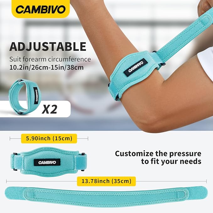 CAMBIVO 2 Pack Tennis Elbow Brace Strap for Tendonitis, Lake Blue | EVA Compression Pad, Adjustable Strap with Premium Velcro, for Men and Women, Golfer's Elbow, Counterforce Brace, Breathable