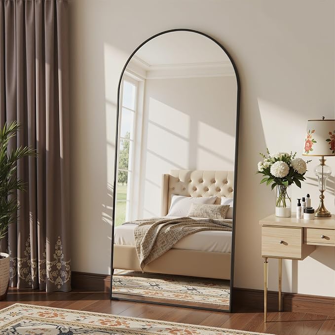 Full Length Mirror, 76"x34" Arched Floor Mirror Freestanding, Floor Standing Full Body Mirror with Stand for Bedroom, Hanging Mounted for Living Room Cloakroom, Black