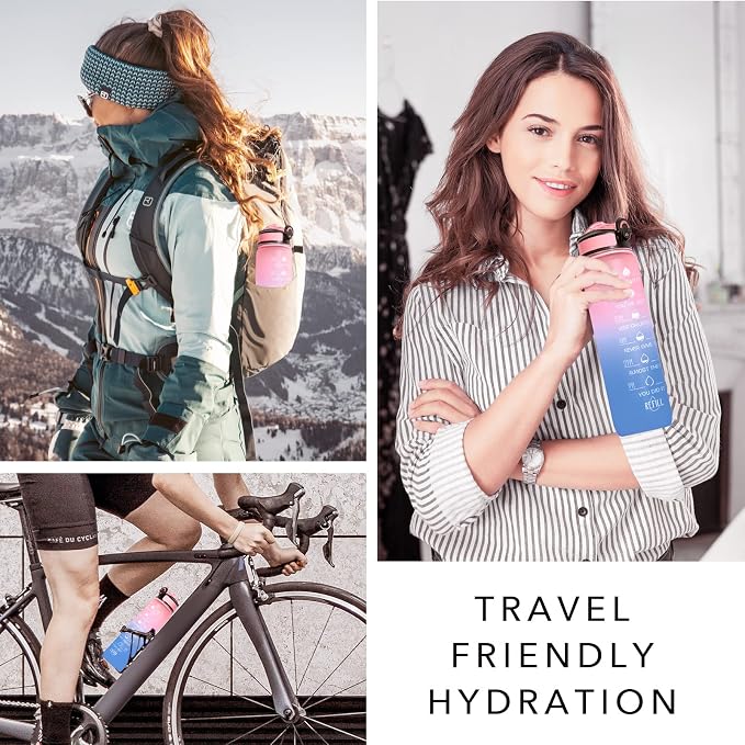 Hyeta Water Bottle with Straw & Time Marker, Plastic 32oz Leakproof | Motivational Tritan BPA Free Gym Office Outdoor Intake Tracker Hourly Reminder Straw Lid Carry Strap