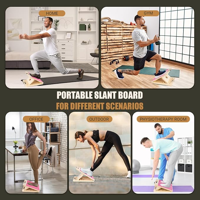 Wooden Slant Board for Calf Stretching, Portable Adjustable Calf Stretch Board with Training Poster & Resistance Bands, 300lb Weight Capacity Calf Ankle Achilles Physical Therapy Leg Exercisers