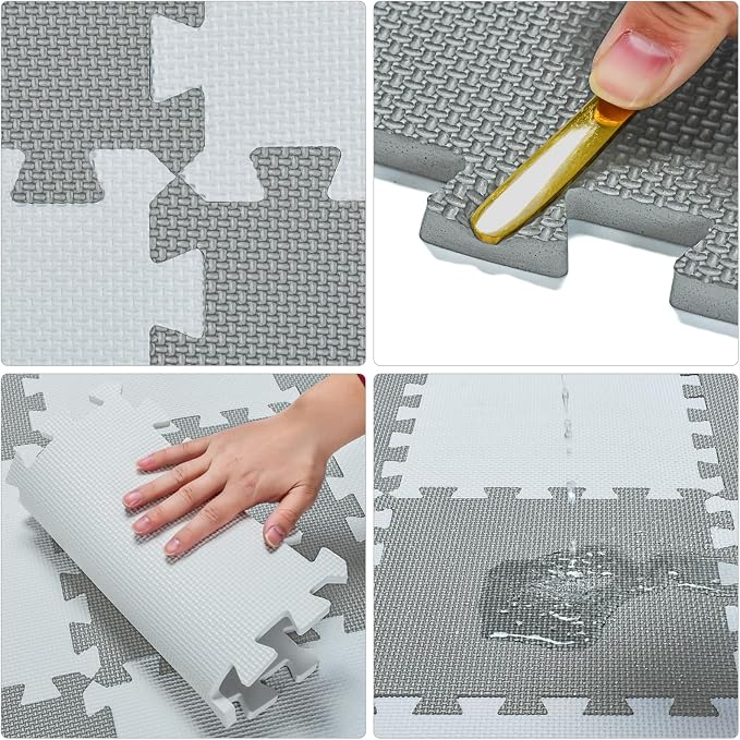 qqpp EVA Rubber 18 Tiles Interlocking Puzzle Foam Floor Mats - Baby Play Mat for Playing | Exercise Mat for Home Workout. White, Beige, Gray. QC-AJLb18N
