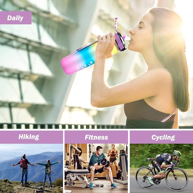 YC Kitchen Motivational Water Bottle with Time Marker - 32oz, Leak-proof BPA Free Sports Water Bottles with Straw & Carrying Strap