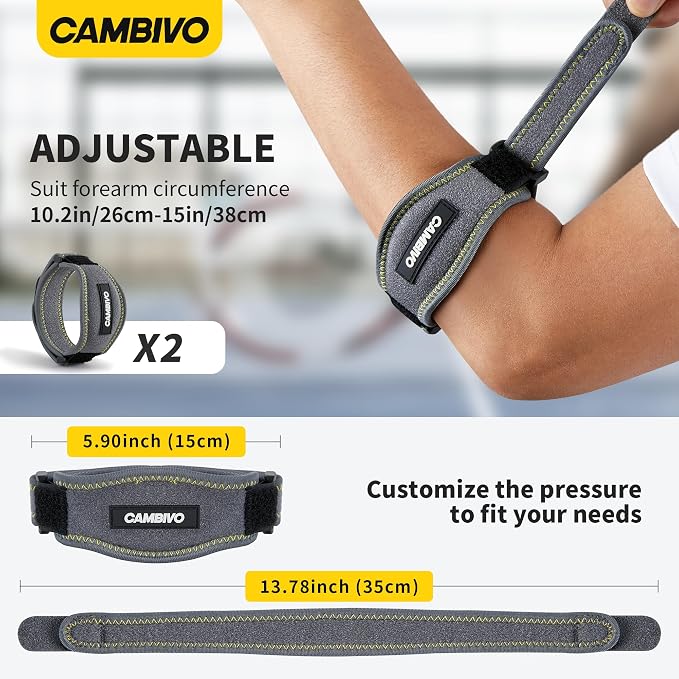 CAMBIVO 2 Pack Tennis Elbow Brace Strap for Tendonitis, Dark Gray | EVA Compression Pad, Adjustable Strap with Premium Velcro, for Men and Women, Golfer's Elbow, Counterforce Brace, Breathable