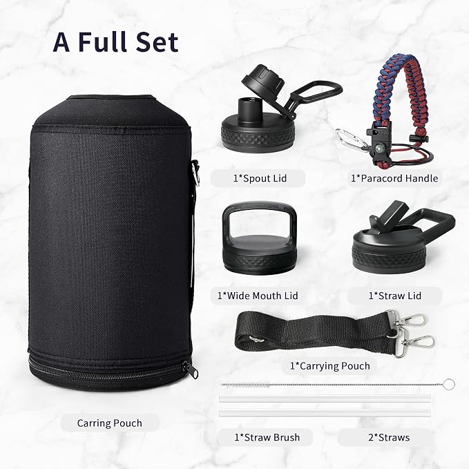 Trebo One Gallon Water Bottle Insulated with 3 Lids, Paracord Handle & Bag | 128 oz Large Stainless Steel Water Jug, Triple Wall Vacuum Copper Plated, Dishwasher Safe, Keeps Cold 48 Hrs for Hiking, Gym