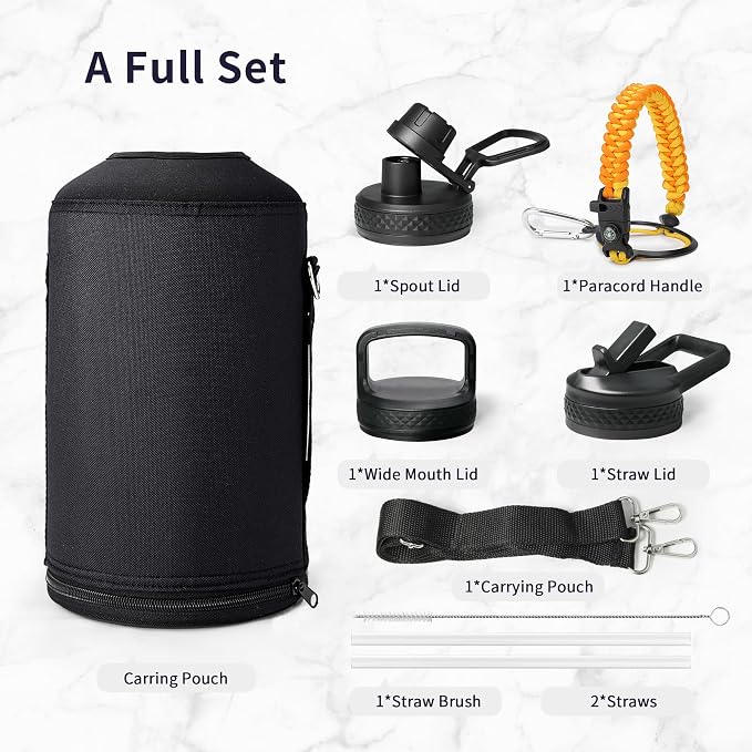 Trebo One Gallon Water Bottle Insulated with 3 Lids, Paracord Handle & Bag | 128 oz Large Stainless Steel Water Jug, Triple Wall Vacuum Copper Plated, Dishwasher Safe, Keeps Cold 48 Hrs for Hiking, Gym