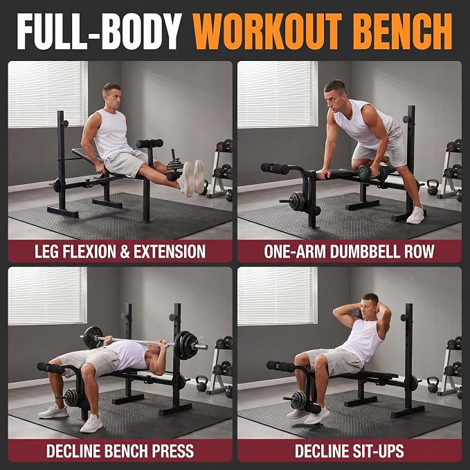 OPPSDECOR Weight Bench Set with Squat Rack, 900LBS Adjustable for Home Gym | Leg Extension & Curl, Preacher Curl Pad, ASTM-Certified 900LBS, Bench Press Rack, Full Body Workout, 2-Second Fold, US Stock