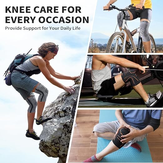 CAMBIVO 2 Pack Knee Brace for Women & Men, Latex Free & Silicone Free Compression Knee Sleeves with Side Stabilizers, Lightweight Knee Support for Arthritis, Meniscus, Walking, Running (Orange-Black, Small)