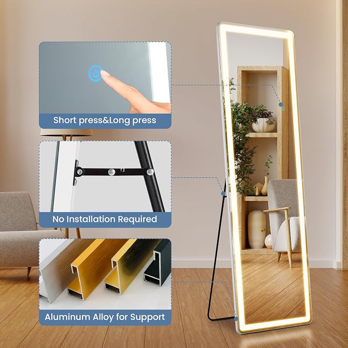 OLIXIS LED Full Length Mirror with Lights, Full Body 16x60 | Standing Lighted Floor, 3 Color Lighting, Wall Mounted Bedroom Bathroom Entryway, Tempered Glass