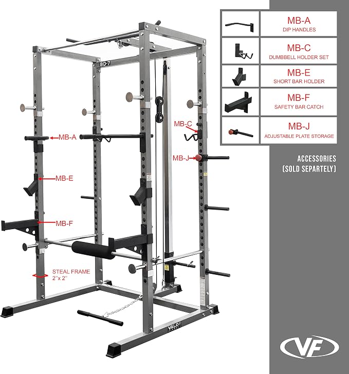 Valor Fitness Power Rack - Squat Rack and Bench Press Power Cage with LAT Pulldown Attachment 2" x 2" Frame - Workout Rack Bundle Options for Complete Weightlifting Home Gym