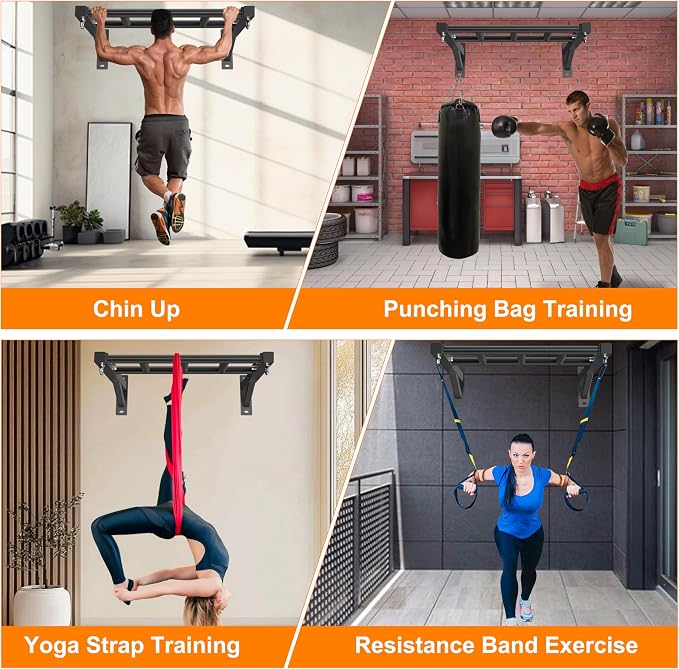 HOOUSA Wall-Mounted Pull-Up Bar, 600lb Load Capacity,Fit 24" wall Spacing | Multi Grip Design, 2 Suspension Ring, Suitable for Concrete and Wood Mounting, For Garage Indoor Basement Strength Training
