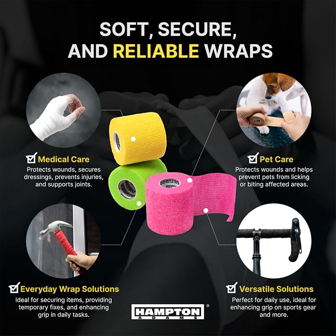 Hampton Adams | As Seen on Shark Tank | Self Adhesive Bandage Wrap (14-Pack) | 15ft | Pet Safe | Breathable Athletic Elastic Cohesive Bandage for Sports Injury Ankle Knee Wrist sprains (Rainbow Mix)