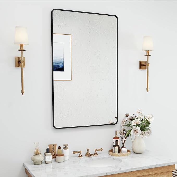 SCWF-GZ 24x36 Mirror Vanity Bathroom Wall Mounted Aluminum Alloy Metal Frame Dressing Round Rectangle Mirrors for Entryway Bedroom Living Room Horizontally or Vertically 36x24 inch Black