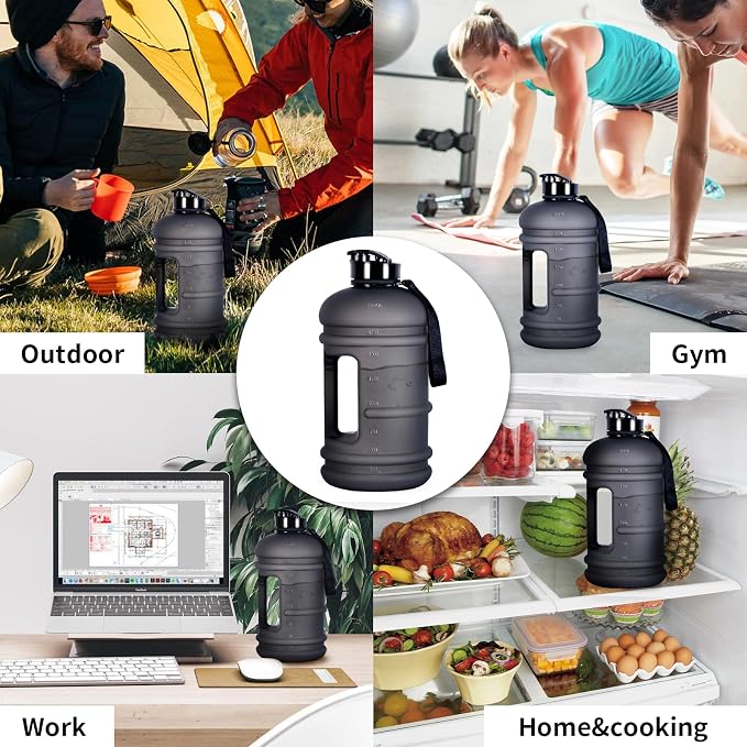 TOOFEEL 2 Liter Water Bottles - Half Gallon Water Bottle BPA Free - Ideal for Gym, Big Water Jug, Reusable Sports Bottle with Measurements Marked Drink Container - 2.2L 74oz Black Half Gallon Bottle
