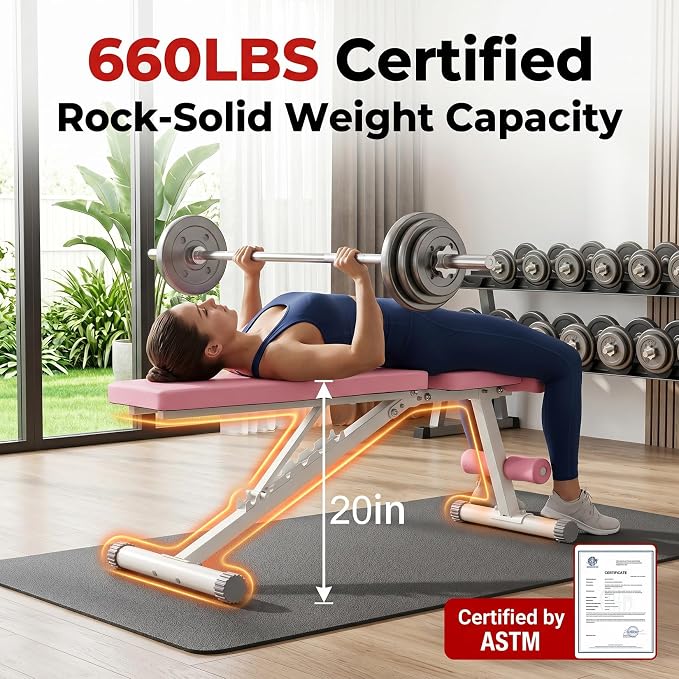 OPPSDECOR Weight Bench for Home Gym, ASTM-Certified 660LBS Fast Foldable Workout Bench for Home Gym, 8 Adjustable and 30in Extended Backrest for Bench Press Incline/Flat/Decline Dumbbell Exercise