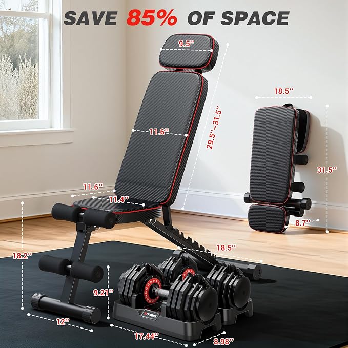 XDDIAS Workout Bench, 10 Backrests Adjustable Weight Bench with Extended Headrest, 800LBS Foldable Weight Bench for Home Gym, Incline Decline Flat Bench Compact for Small Space Training