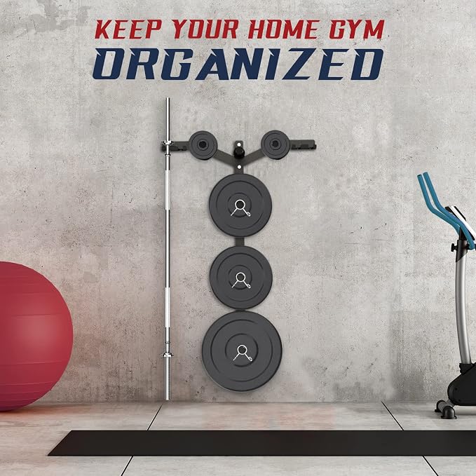 Yes4All 6 Pegs & 4 Barbell Storage Racks Load Up to 1190 LBS - Wall Mounted Weight Plate Tree & Barbell Holder