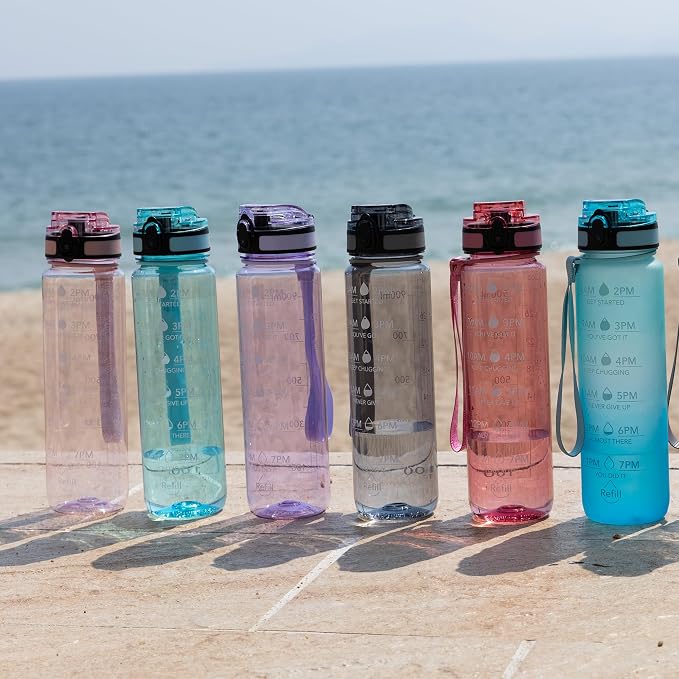 OLDLEY Water Bottle, 32oz Motivational Sports Water Bottle with Time Marker - Times to Drink - Tritan, BPA Free, Wide Mouth Leakproof,Surfer