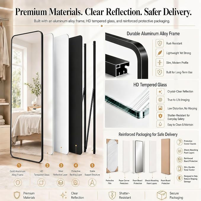 SCWF-GZ 57x20 Full Length Mirror Over The Door Hanging, Floor Stand/Wall Mounted Aluminum Alloy Frame Dressing Mirror for Bedroom Living Room 57 inch Black