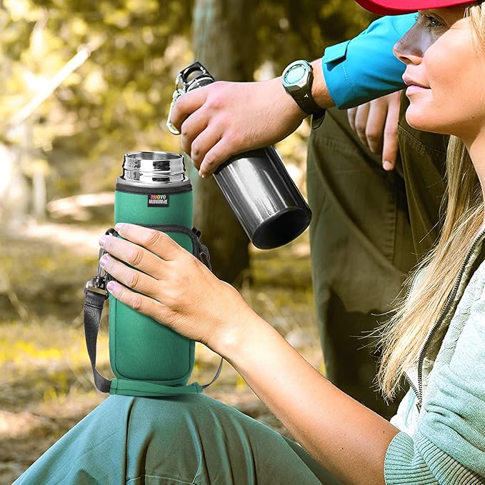 Nuovoware Water Bottle Carrier Bag, 750ml Bottle Pouch Holder, Adjustable Shoulder Hand Strap 2 Pocket Sling Neoprene Sleeve Sports Accessories for Hiking Travelling Camping, Blackish Green