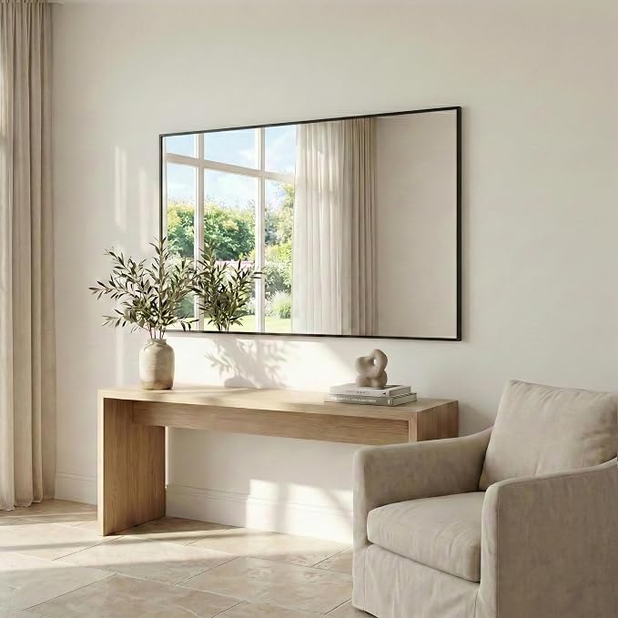 30" x 48" Matte Black Wall Mirror, 48" x 30" Large Metal Framed Landscape Decor, Horizontal Bathroom Mirror for Wide Vanity & Dining Room
