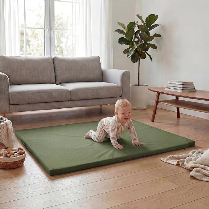 Huloo Sleep Baby Play Mat 50x50 Inches, 1.3" Thick Padded Waterproof Floor Cushion & Playpen Mat with Vegan Leather, Non-Slip & Non-Toxic Nursery Rug for Infants, Toddlers & Kids(Green)