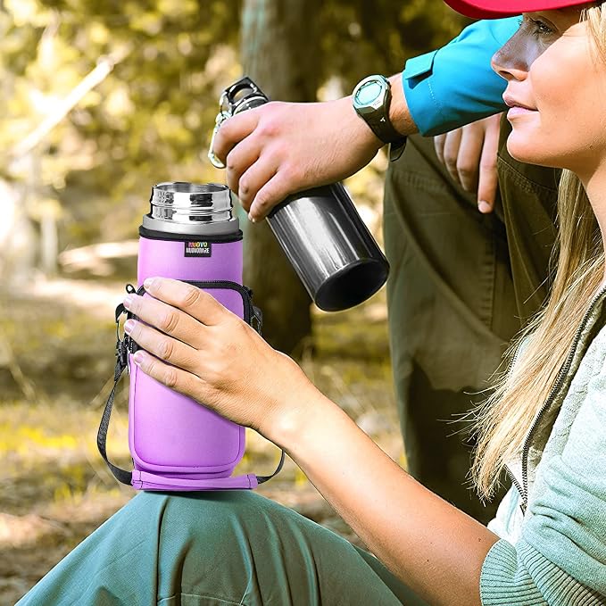 Nuovoware Water Bottle Carrier Bag, 25oz/32oz Bottle Pouch Holder, Adjustable Shoulder Hand Strap 2 Pocket Sling Neoprene Sleeve Sports Water Bottle Bag for Men Women Hiking Travel, Taro Purple | Adjustable Shoulder Hand Strap, 2 Pocket, Neoprene Sleev...