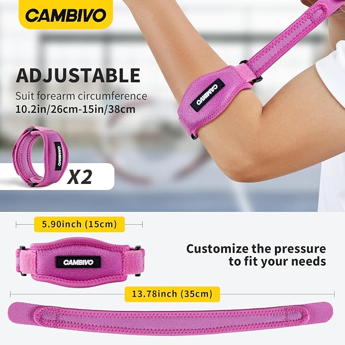 CAMBIVO 2 Pack Tennis Elbow Brace Strap for Tendonitis, Rose Pink | EVA Compression Pad, Adjustable Strap with Premium Velcro, for Men and Women, Golfer's Elbow, Counterforce Brace, Breathable