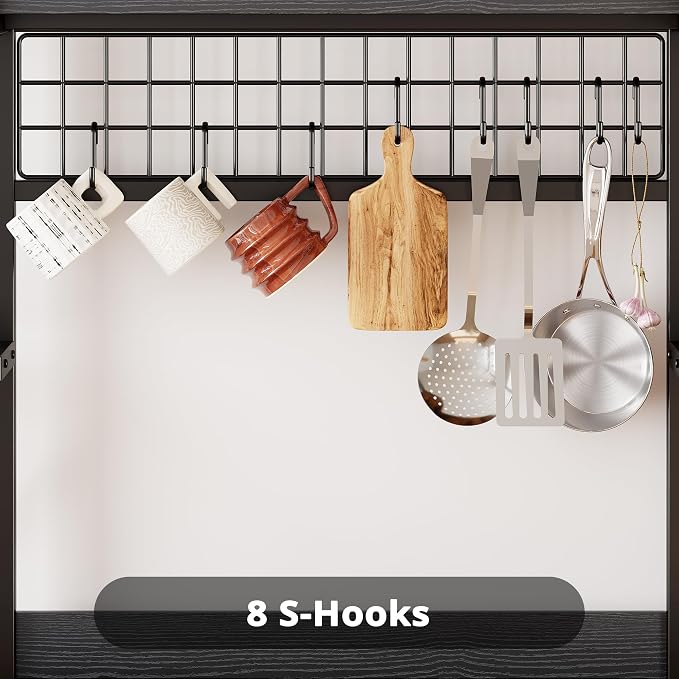 IRONCK 62.4-Inch Bakers Rack with Power Outlets and Wine Storage | 62.4-inch wide bakers rack combines 5 shelves, 3 AC outlets, a wine rack, basket, and S-hooks.