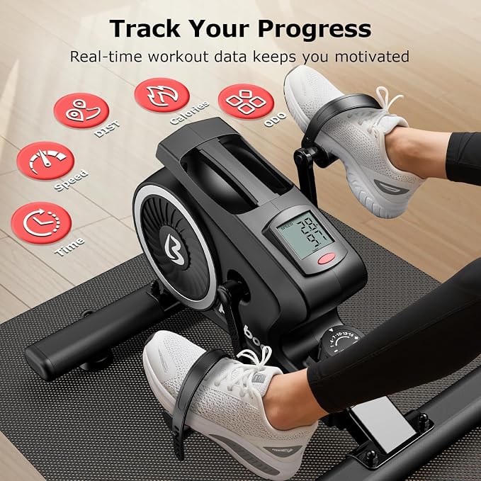 pooboo Under Desk Bike Pedal Exerciser with Magnetic Resistance | Mini Exercise Bike with 16 Resistance Levels, Arm And Leg Workouts, Resistance Bands And Non-Slip Mat for Home Office Therapy