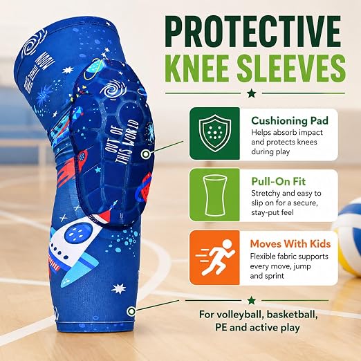 Kids Volleyball Knee Pads for Boys Girls, Space Sports Protective Knee Sleeves, Youth Basketball Dance Soccer Gym Pads, Back to School Gift for Children, Comfortable Pull On Support for Practice Game