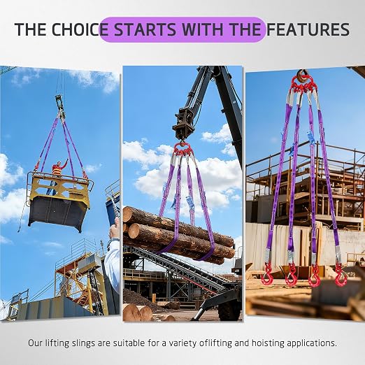 Four Leg Bridle Web Sling 5ft 6600lbs Lifting Slings with G80 Alloy Steel Grab Hooks and Adjuster Polyester Webbing Purple Rigging Straps for Safe Towing and Handling of Cargo