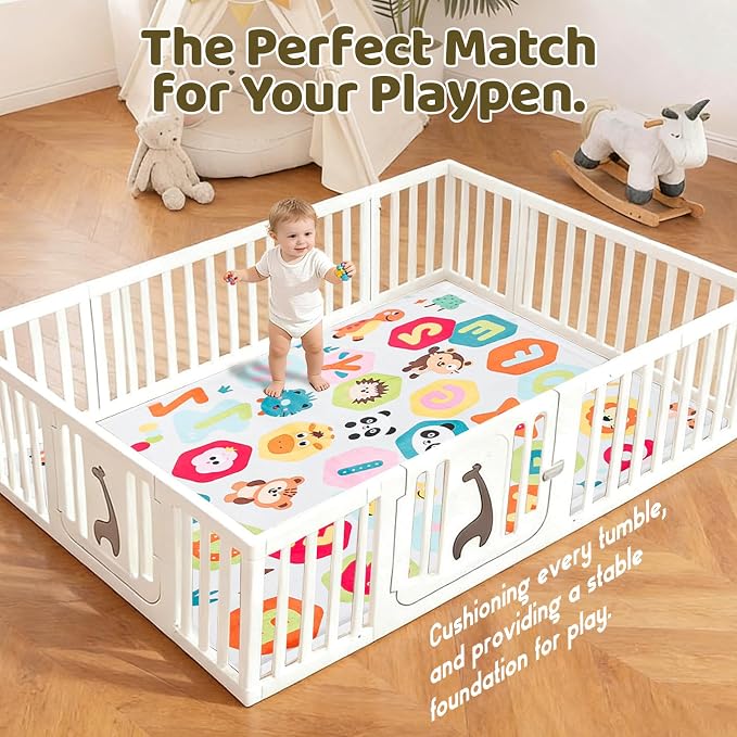 Baby Play Mat for Floor, 74'' x 50'' Thicken Foam Soft Padded Playmat for Tummy Time, Playpen Mat for Toddlers Infant Kids, Water-Repellent Coral Velvet, Non-Slip Bottom Safe for Crawling (Animal)