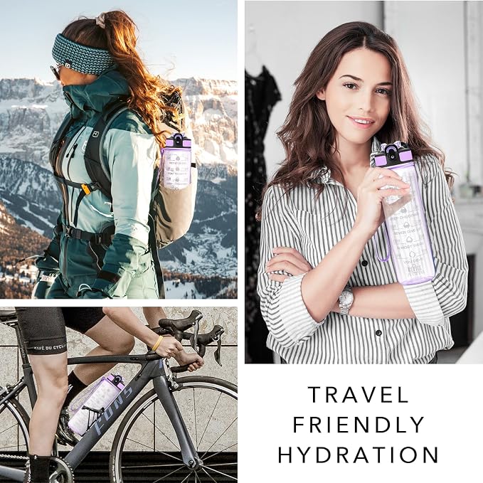 Hyeta Water Bottle with Straw & Time Marker, Plastic 32oz Leakproof | Motivational Tritan BPA Free Gym Office Outdoor Intake Tracker Hourly Reminder Straw Lid Carry Strap