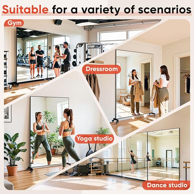 Suidia 82"x44" Extra Large Full Length Mirror on Wheels, 360° Swivel Rolling Mirror Floor, HD Tempered Glass Full Body Standing Mirrors for Home Gym, Yoga, Dance Studio, Bedroom, Rectangular, Black