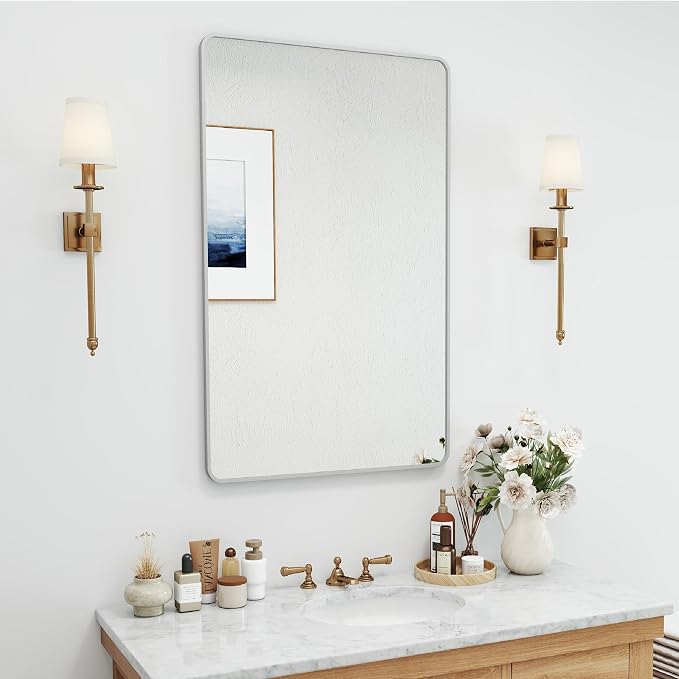 SCWF-GZ 24x36 Mirror Vanity Bathroom Wall Mounted Aluminum Alloy Metal Frame Dressing Round Rectangle Mirrors for Entryway Bedroom Living Room Horizontally or Vertically 36x24 inch Silver